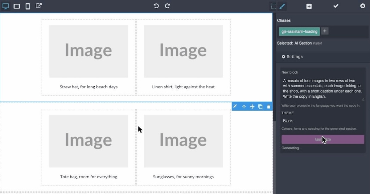 O painel AI Section no editor de emails do Mautic, com um prompt escrito e o botão Generate