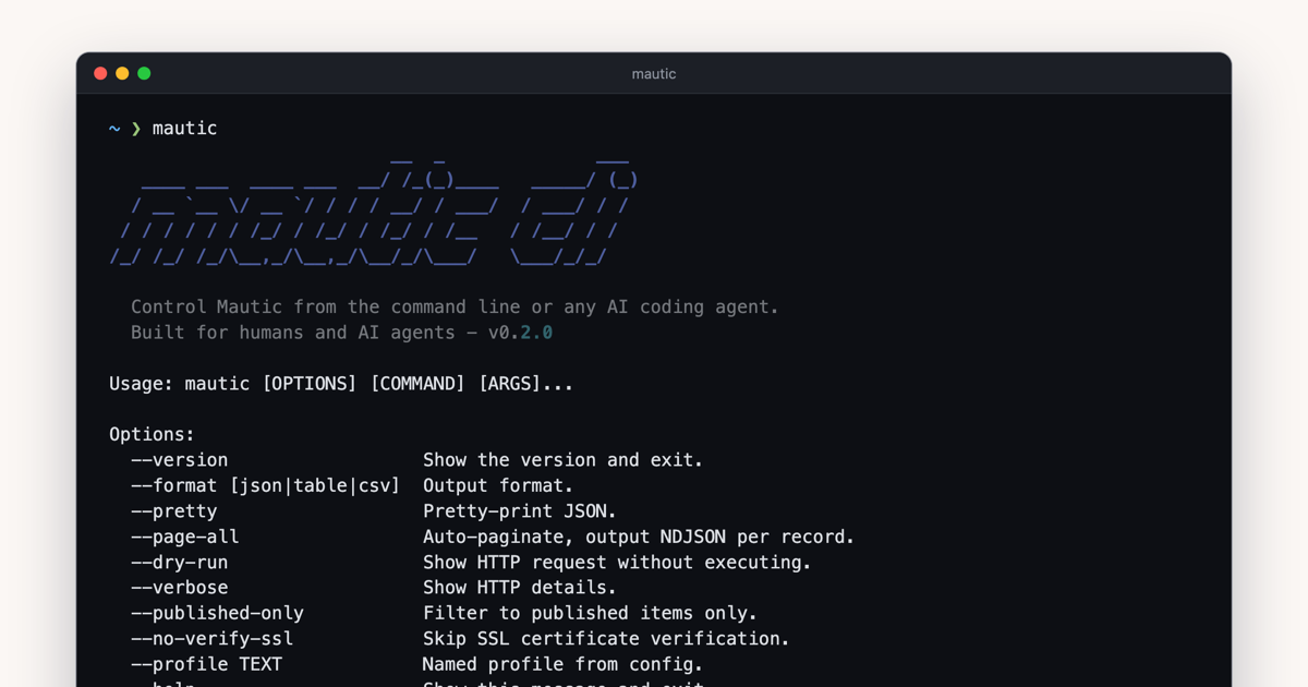 O banner e as opções da mautic-cli 0.2.0 numa janela de terminal