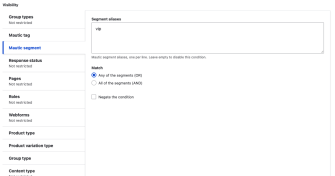 The Drupal block visibility form with the Mautic segment condition active and the vip segment alias entered